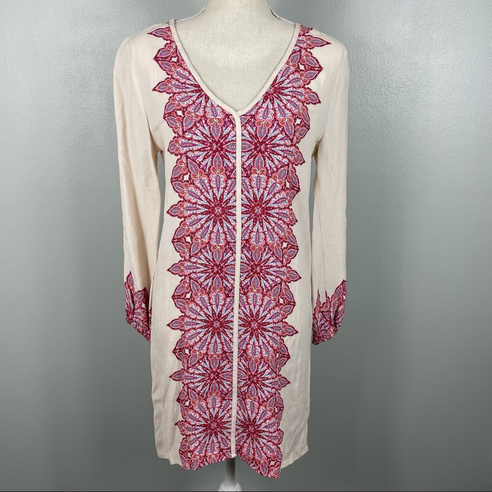 Ella Moss Cream and Red Long Sleeve Dress